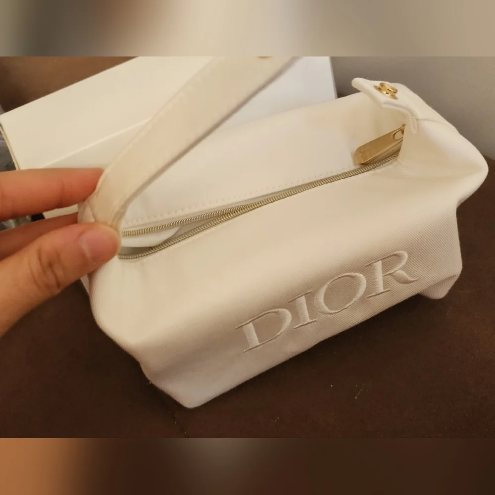 DIOR White Cosmetic Makeup Bag Pouch With Top Handle Clutch New In Box - Picture 4 of 9